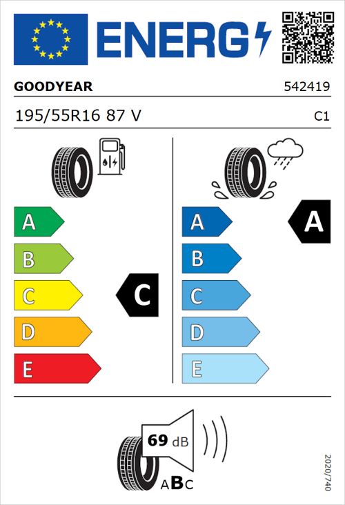 Tyre Label for Goodyear EfficientGrip Performance 2 195/55R16 87V