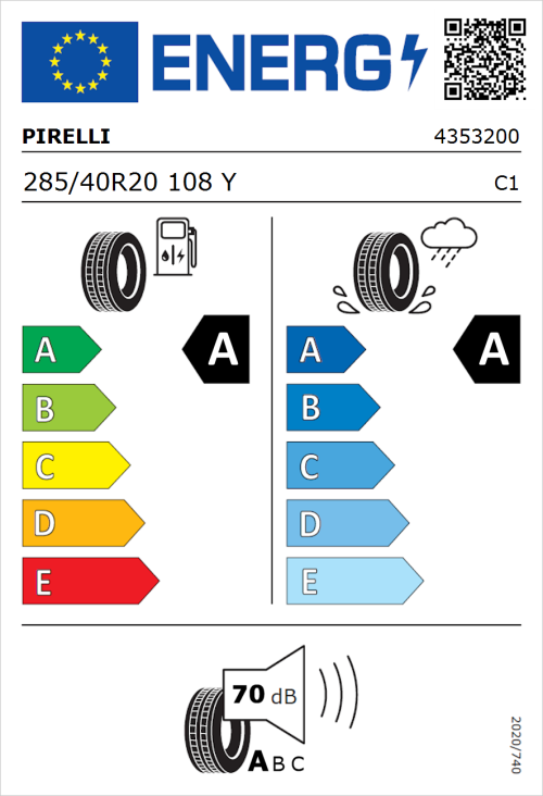 Tyre Label for Pirelli P ZERO E 285/40R20 108Y