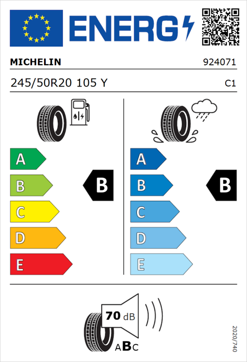 Tyre Label for Michelin Pilot Sport EV 245/50R20 105Y