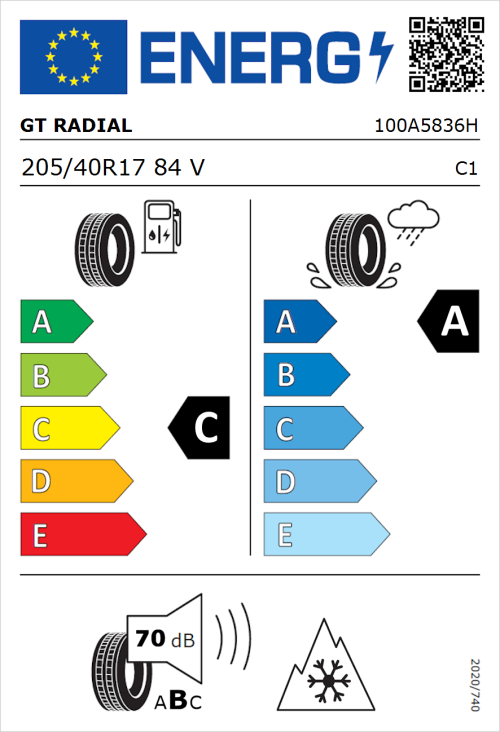 Tyre Label for GT Radial Climate Active 205/40R17 84V